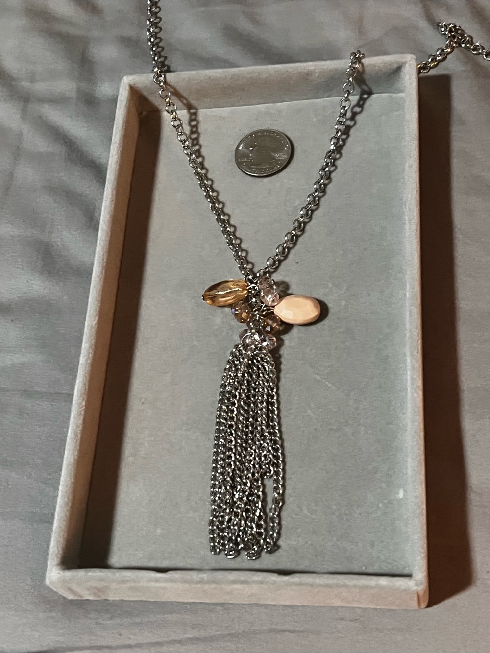 Silver-Tone Tassel Pendant Necklace with Amber and Blush Accents